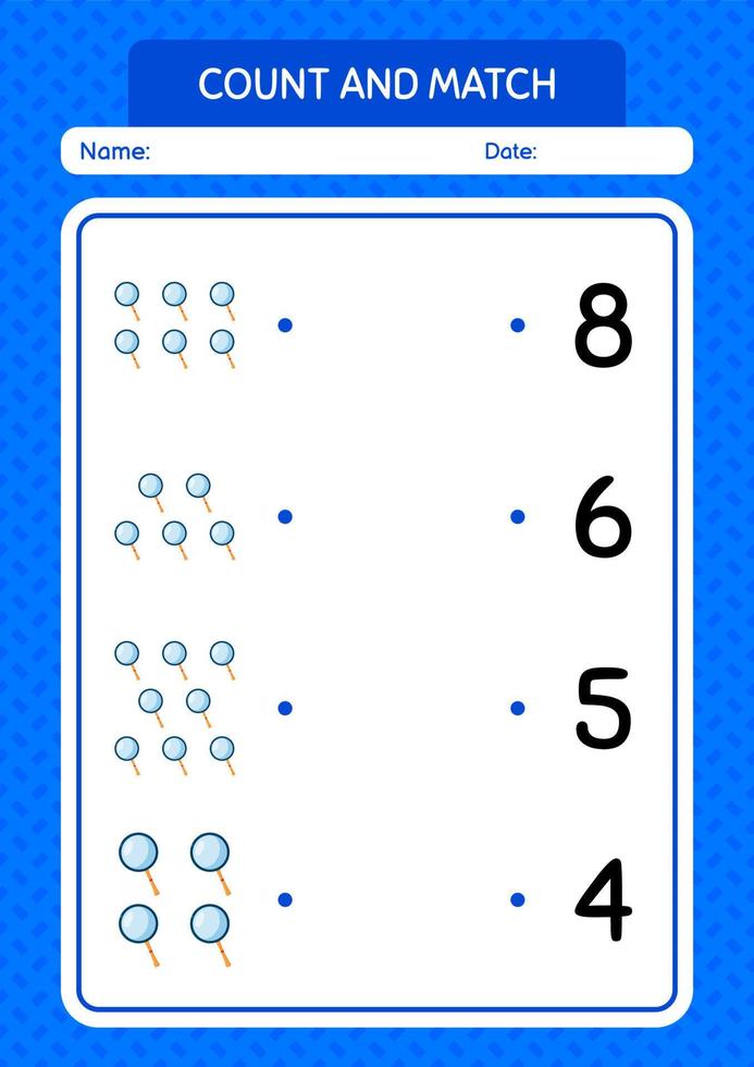 tel en match spel met vergrootglas. werkblad voor kleuters, activiteitenblad voor kinderen vector