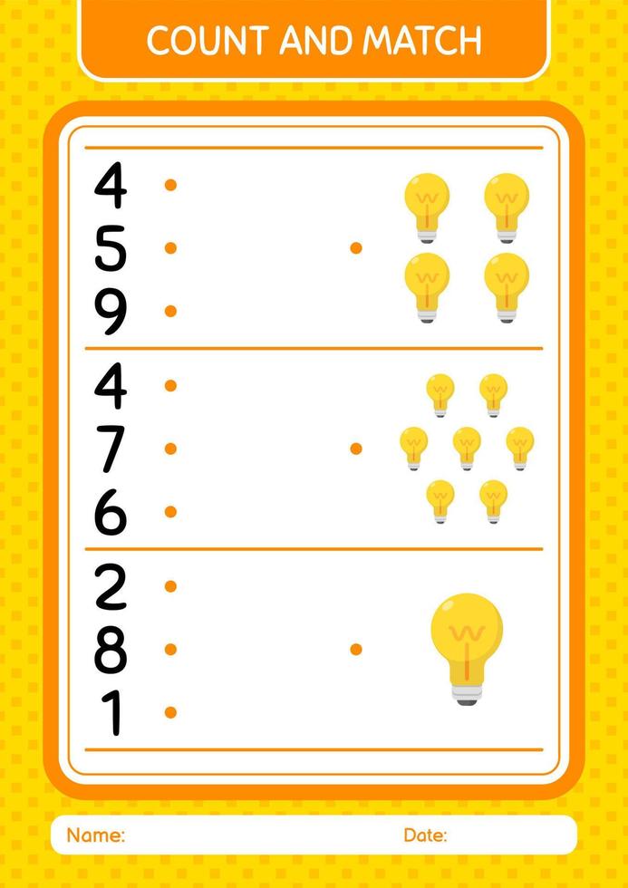 tel en match spel met gloeilamp. werkblad voor kleuters, activiteitenblad voor kinderen vector