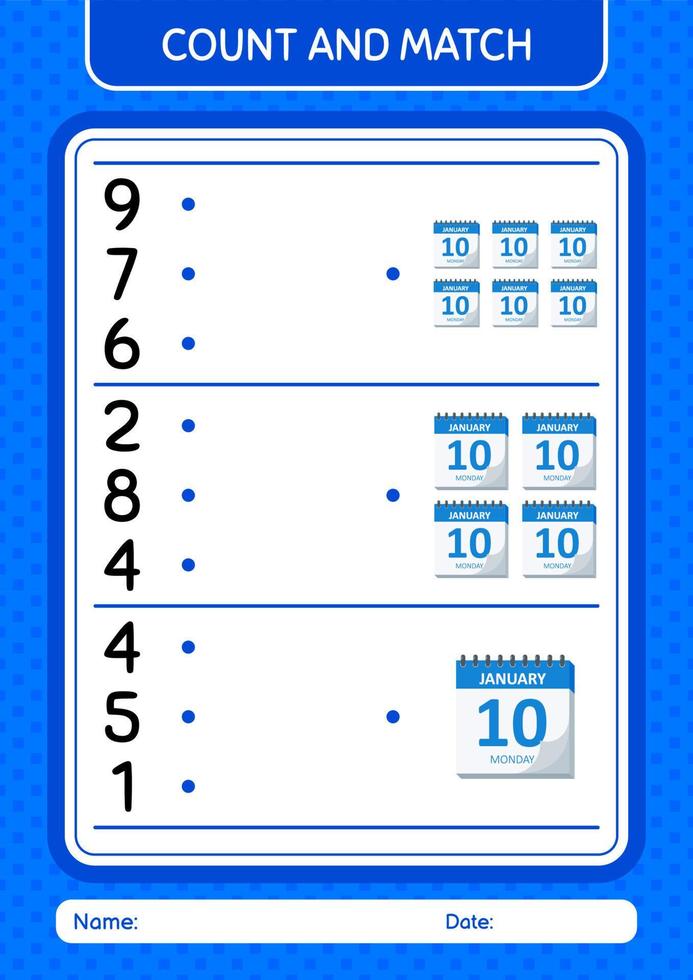 tel en match spel met kalender. werkblad voor kleuters, activiteitenblad voor kinderen vector