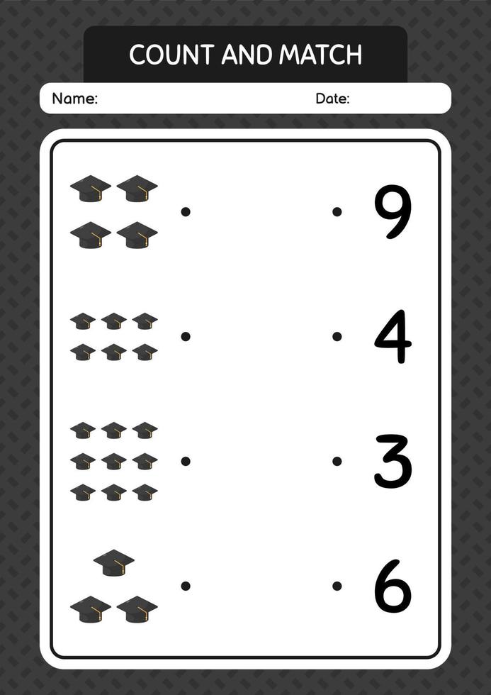 tel en match spel met afstudeerpet. werkblad voor kleuters, activiteitenblad voor kinderen vector