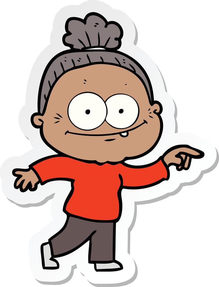 sticker van een cartoon gelukkige oude vrouw vector