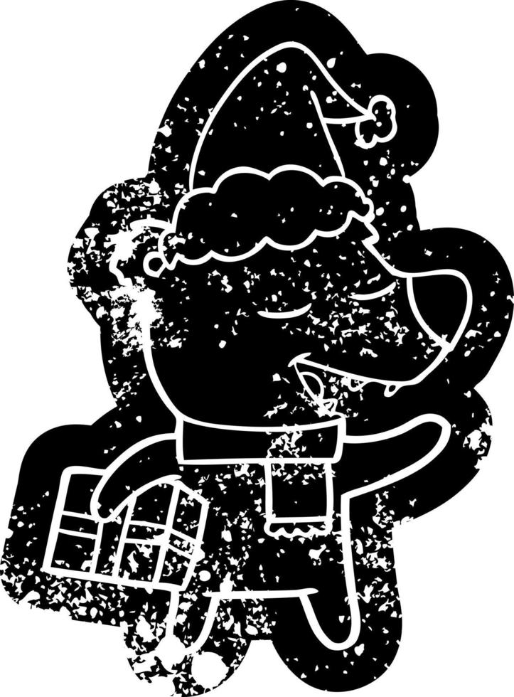 cartoon noodlijdende icoon van een beer met cadeau met kerstmuts vector