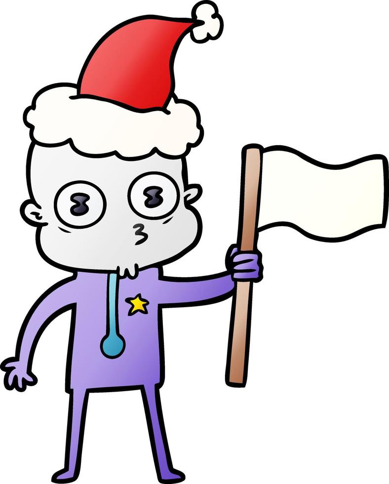 gradiëntcartoon van een rare kale ruimtevaarder met vlag die een kerstmuts draagt vector