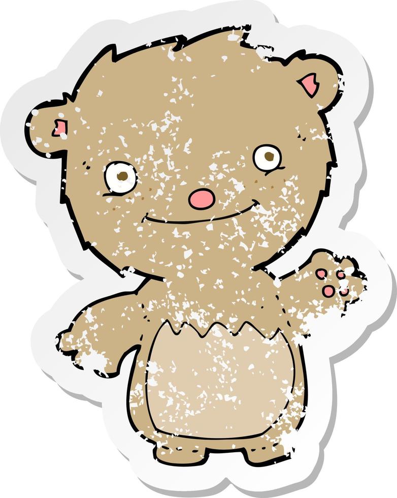 retro noodlijdende sticker van een cartoon zwaaiende teddybeer vector