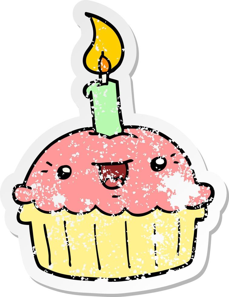 verontruste sticker van een cartoon cupcake met kaars vector