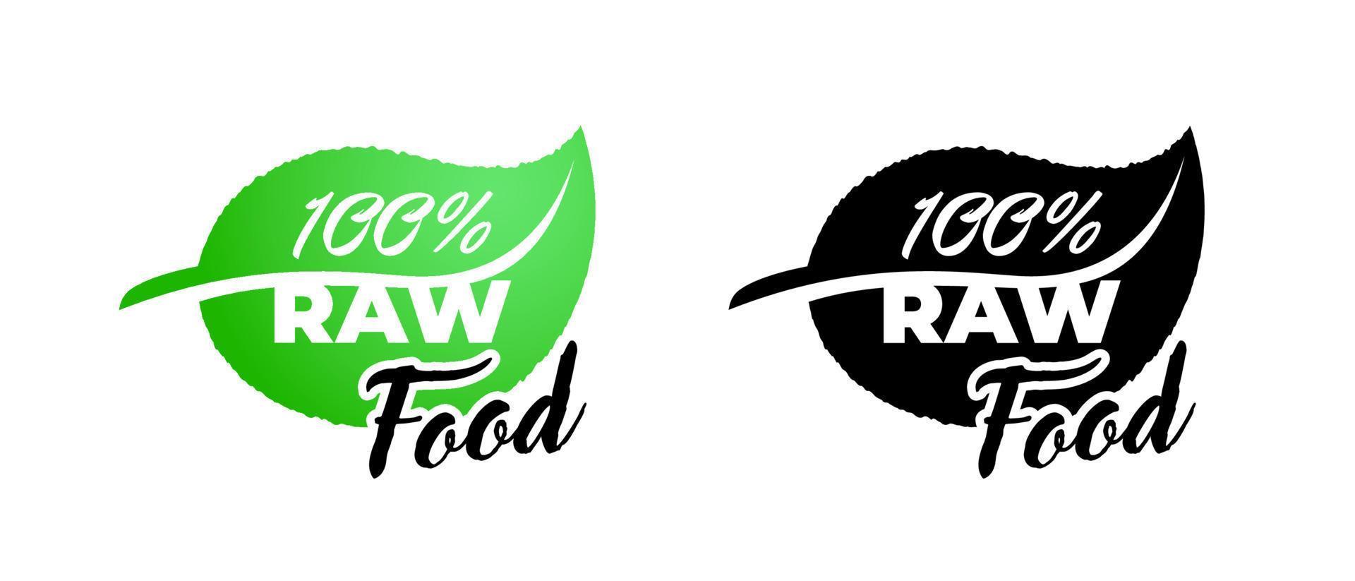 raw food groen en zwart blad pictogramserie. gecertificeerd kwaliteit gezond natuurproduct teken. eco-kentekenconcept. bio vers garantie label. vector ecologie plant symbool geïsoleerde eps illustratie