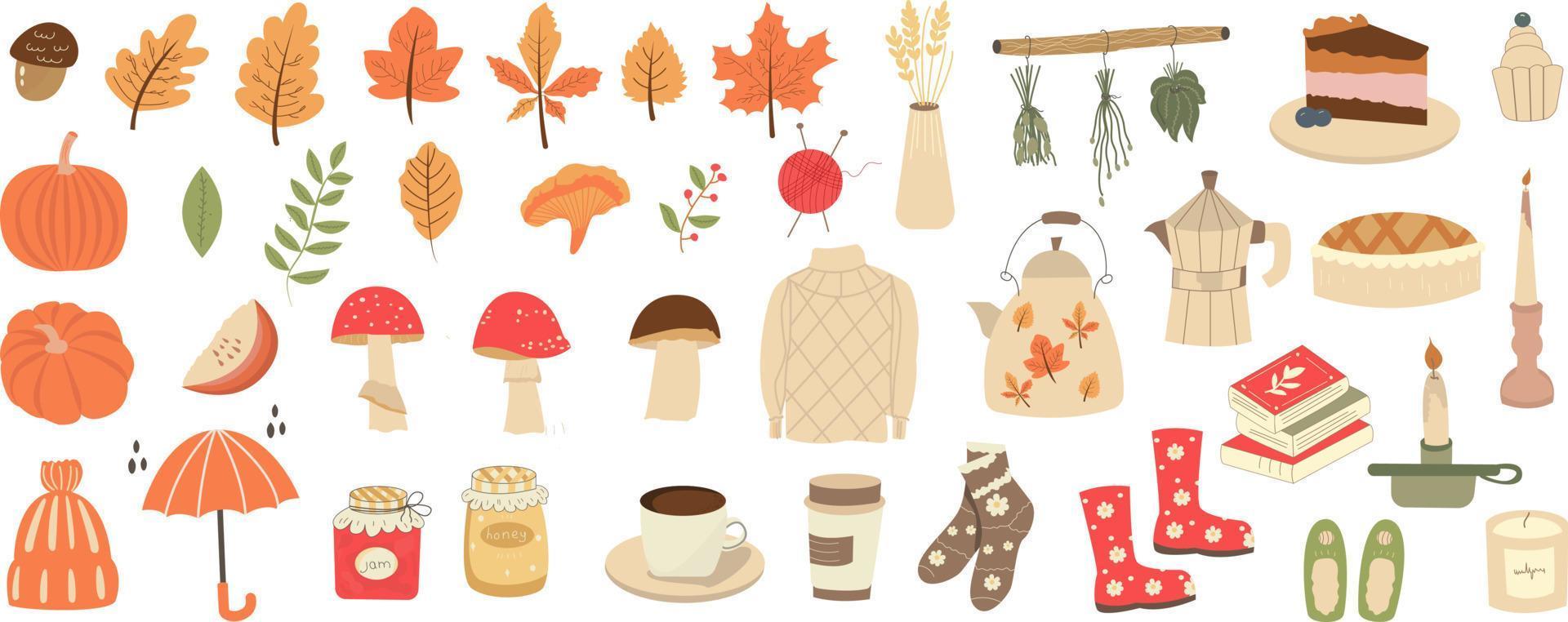 vector set herfst pictogrammen trui, bladeren, gezellig eten, kaarsen, een boek en een schattige waterkoker. lichte achtergrond voor het oogsten. herfst wenskaart.