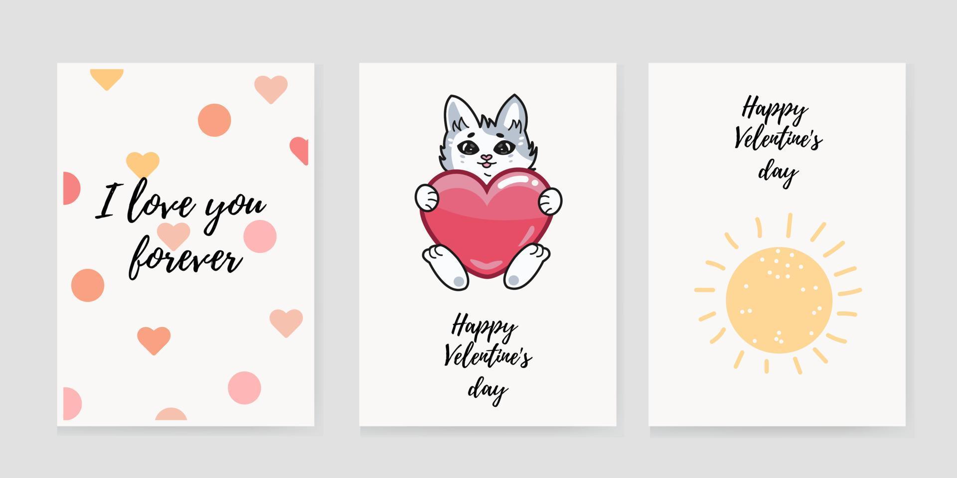 schattige katten vol liefde. een set rechthoekige cadeaulabels, ansichtkaarten, ansichtkaarten. mooie, grappige, geweldige Valentijnsdag. vector illustratie