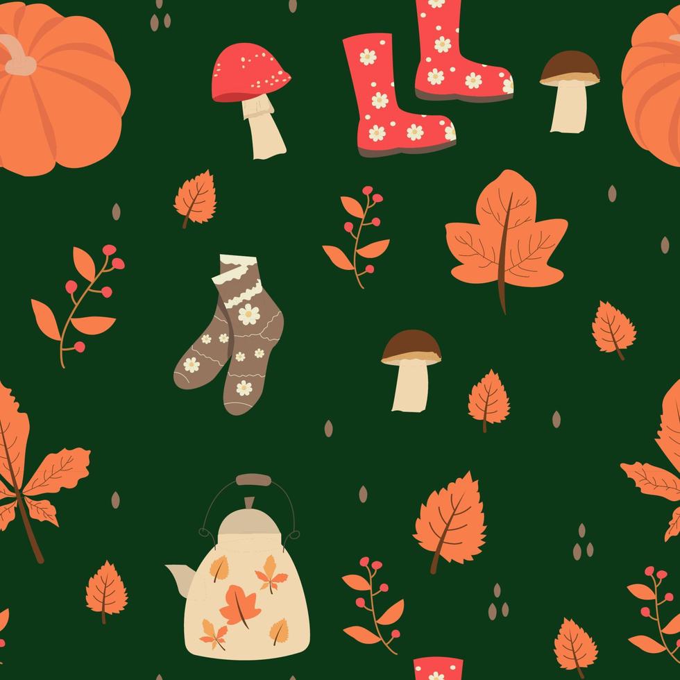 naadloos patroon met oranje en gele herfstbladeren, met lijsterbes, sokken en rubberen laarzen, pompoen, theepot. vector