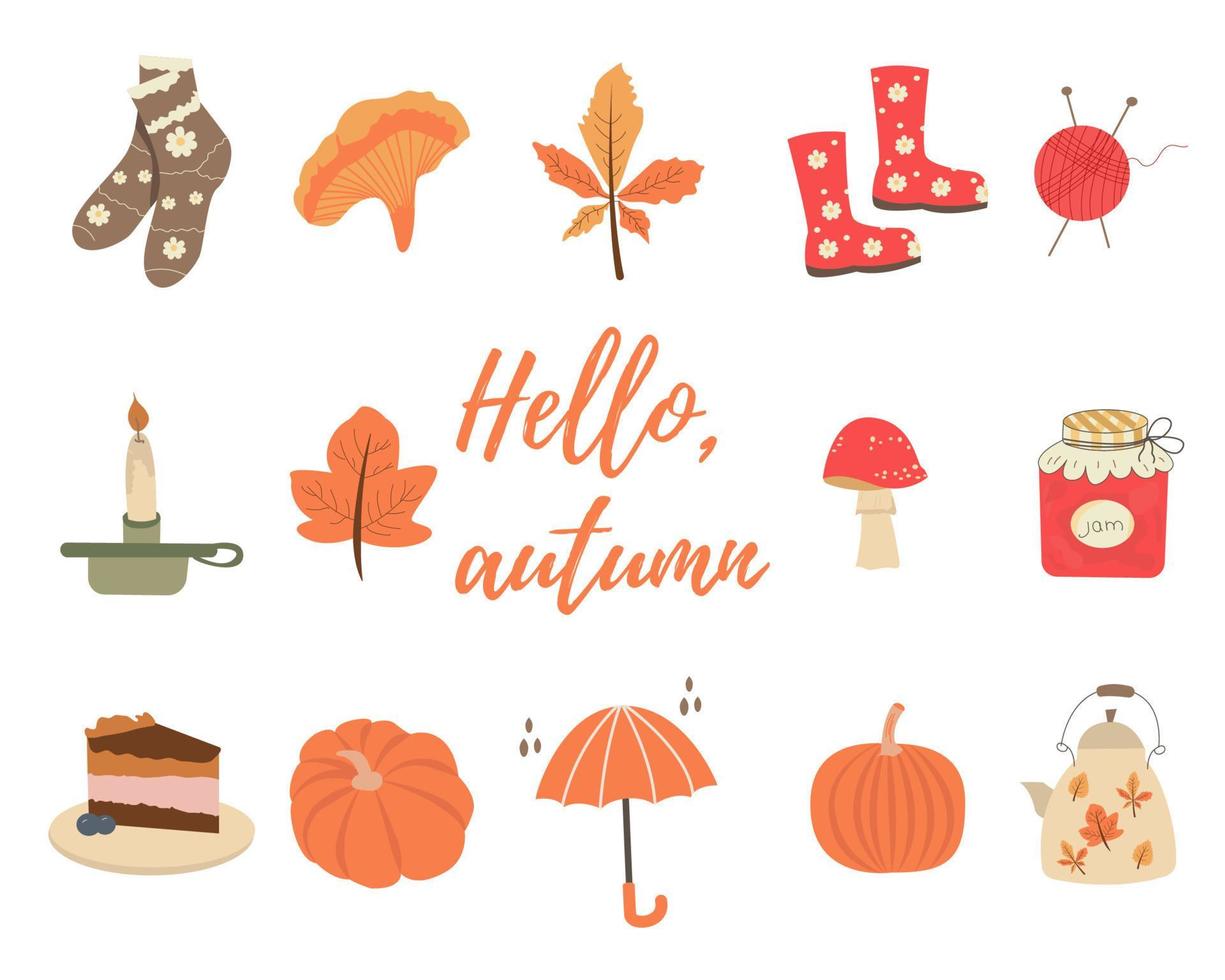 vector set herfst pictogrammen trui, vallende bladeren, gezellig eten, kaarsen, boeken en pompoen. verzameling knipsels met elementen van het herfstseizoen.