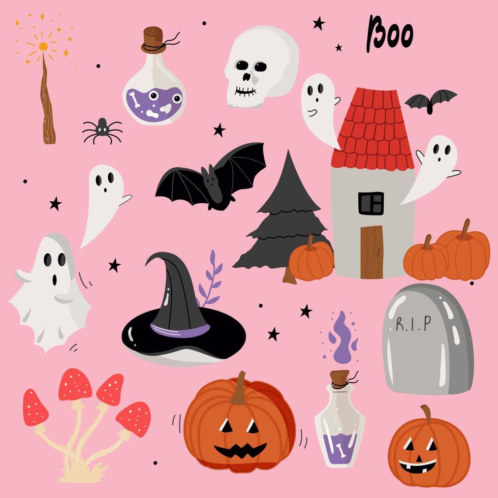 set van lachende en grappige illustraties voor halloween pompoenen, spook, vleermuis, huis. vector