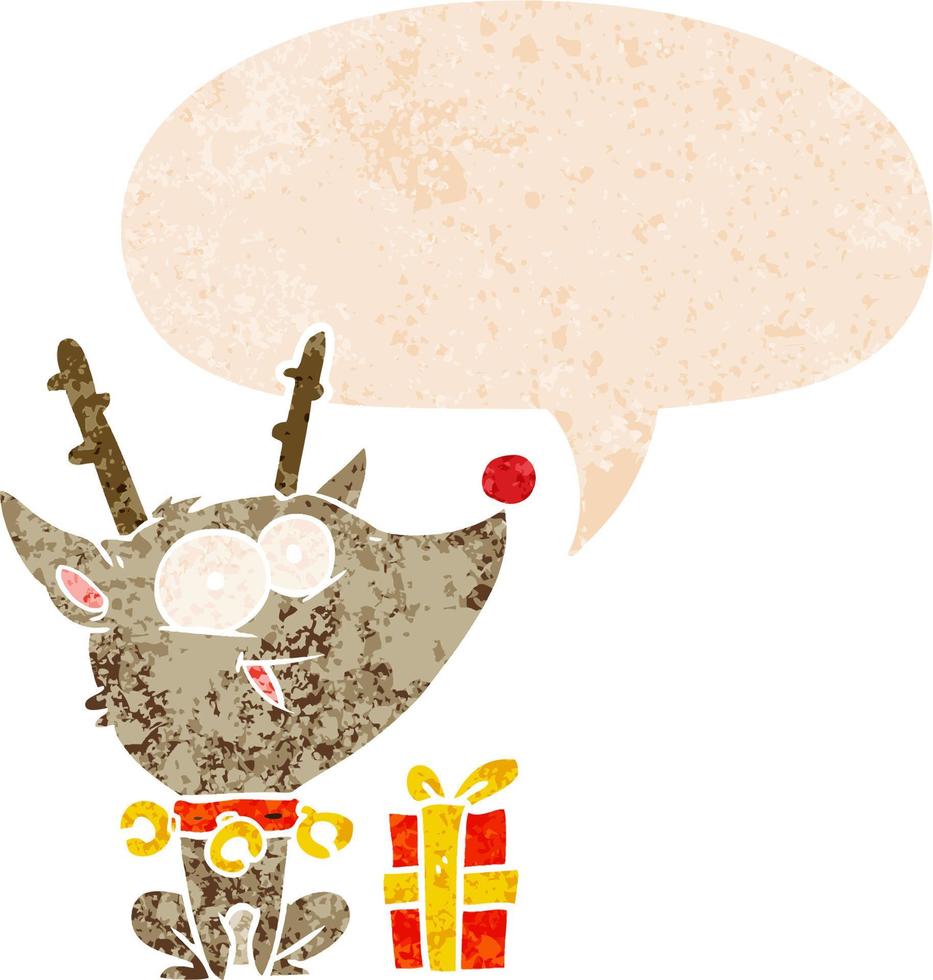 cartoon kerst rendieren en tekstballon in retro getextureerde stijl vector