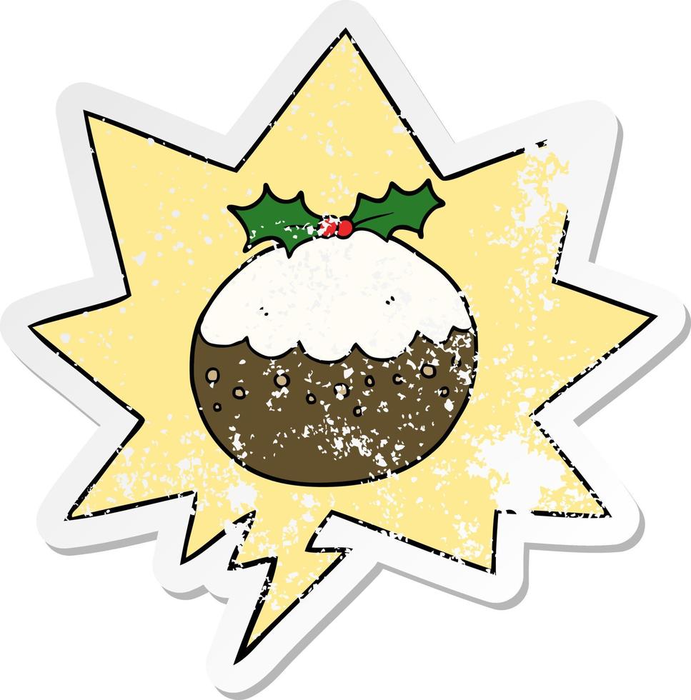 cartoon kerstpudding en tekstballon noodlijdende sticker vector