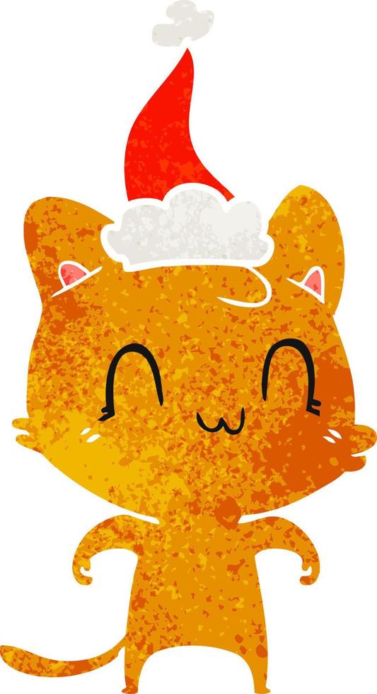 retro cartoon van een gelukkige kat met een kerstmuts vector