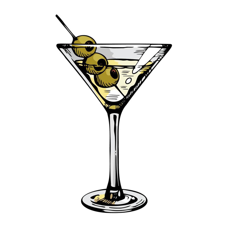 Martiniglas met olijven. handgetekende alcoholcocktail, vectorillustratie geïsoleerd op wit vector