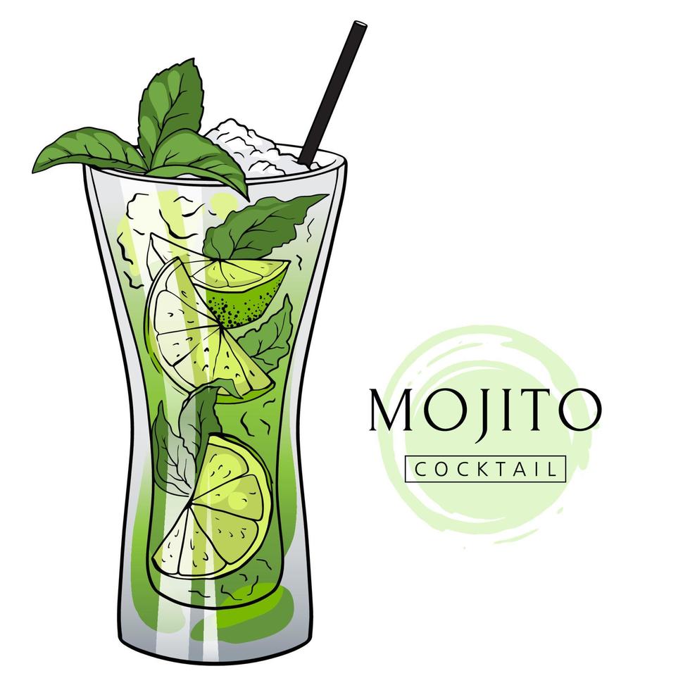 mojito-cocktail, handgetekende cocktail met ijs, munt en limoen. vector illustratie