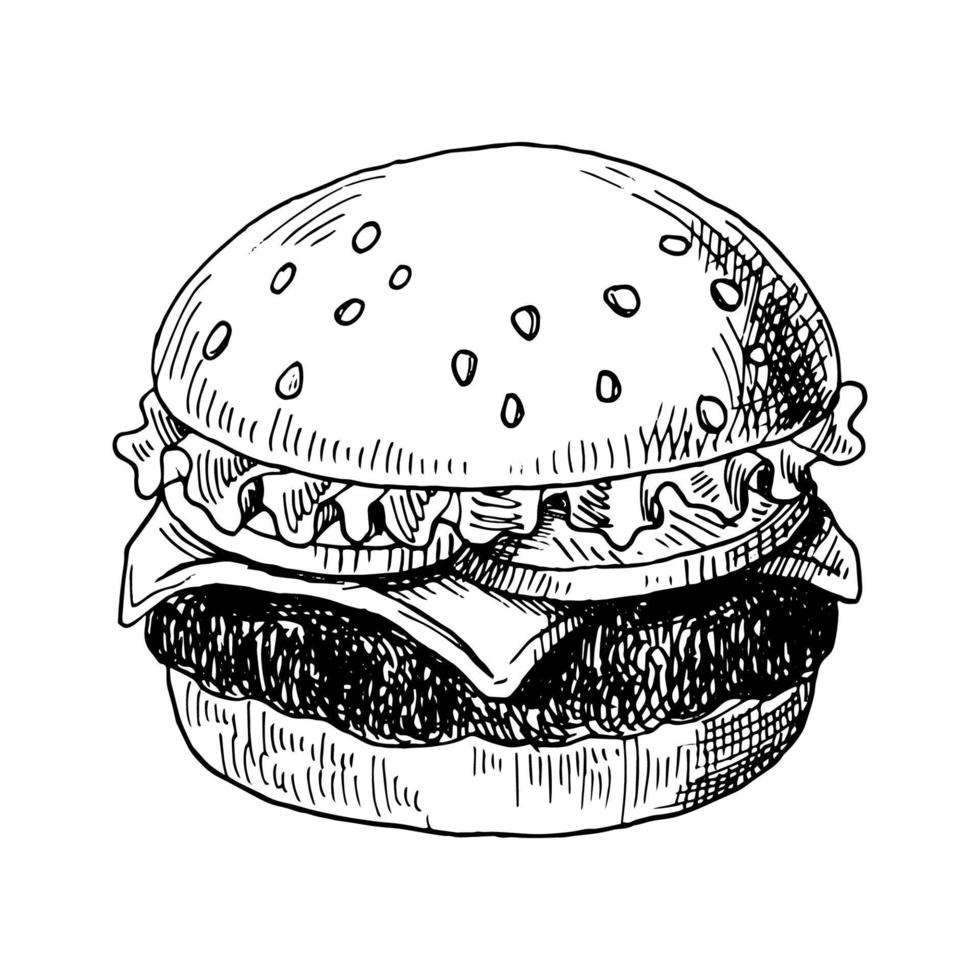 handgetekende hamburger, inktschets, fastfood vectorillustratie vector