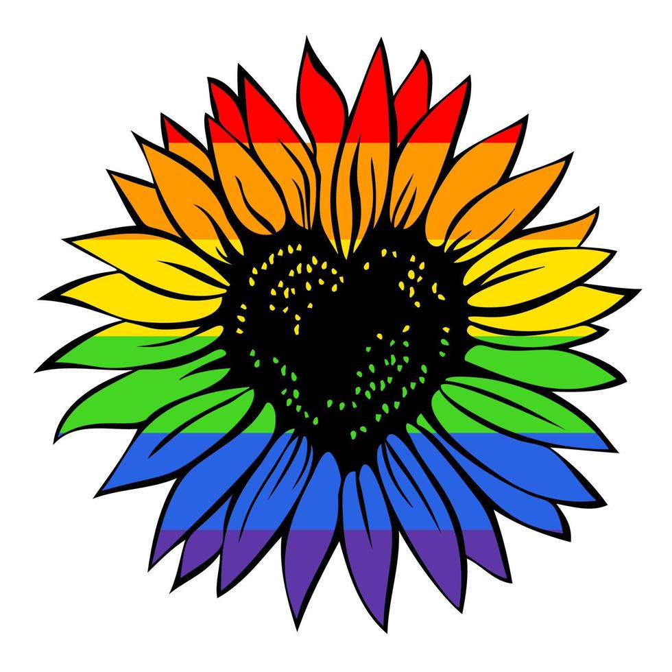 hartvormige zonnebloem in de kleuren van de regenboogvlag, vectorillustratie geïsoleerd op een witte achtergrond vector