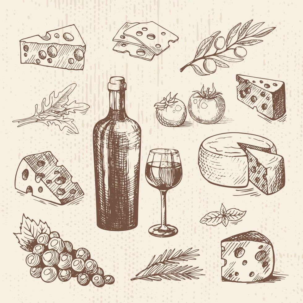 handgetekende set met fles wijn, druiven, kaas, olijftak, tomaten, Groenen. vector schets, voedsel illustratie