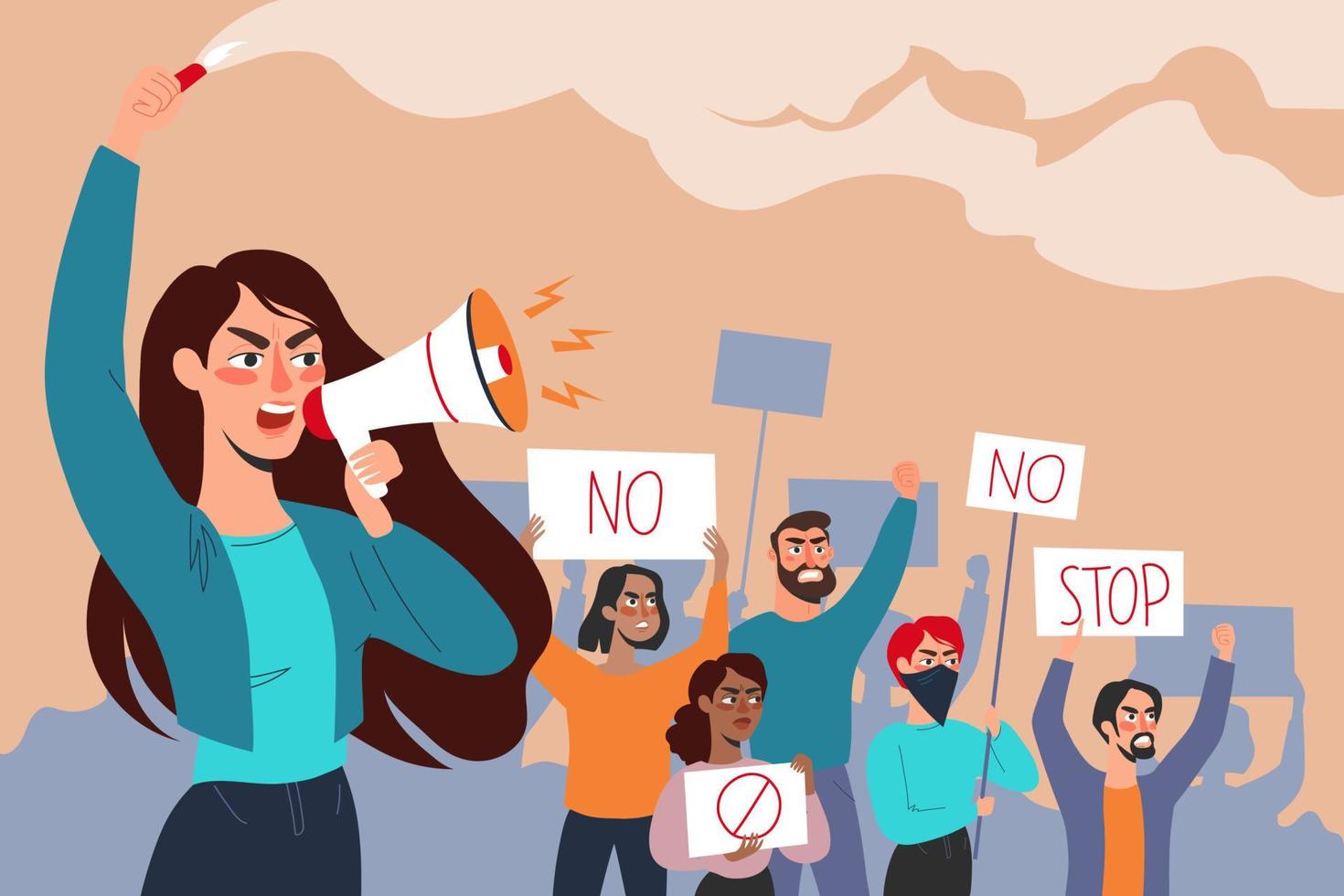 menigte van diverse mensen bij het protest. vrouw met een megafoon en een fakkel die protesten steunt tegen de achtergrond van boze activisten met posters. platte vectorillustratie vector