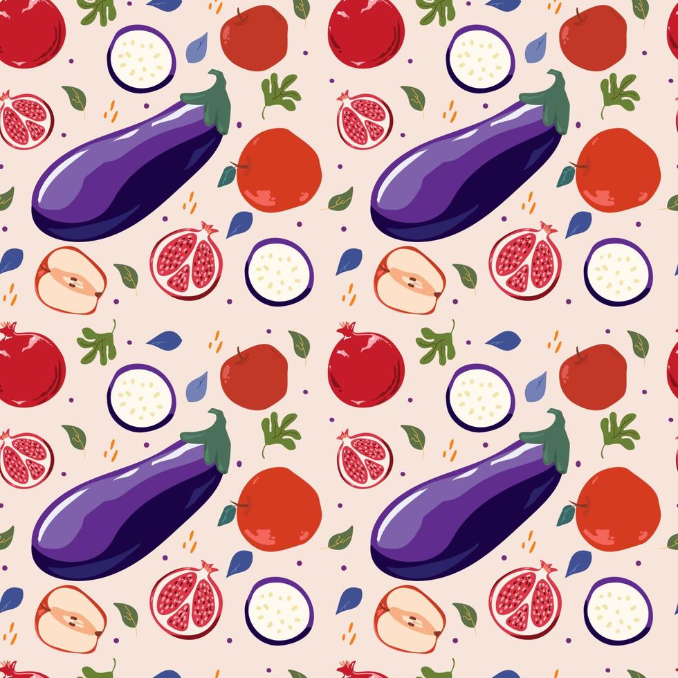 naadloos patroon van herfstfruit en groenten, vijgen, appels, paprika's, aubergines en maïs vector