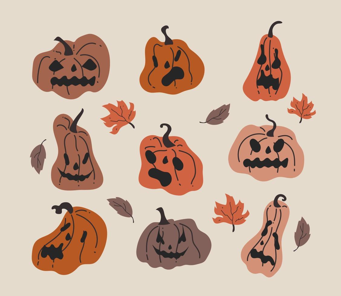 handgetekende pompoen set met enge gezichten voor halloween vector