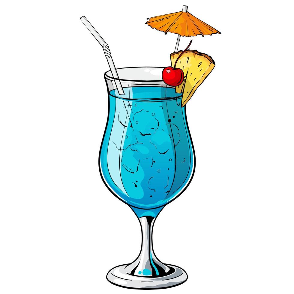 blauwe lagunecocktail, handgetekende alcoholdrank met ananasschijfje, kers en paraplu. vectorillustratie op witte achtergrond vector