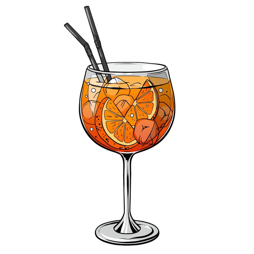 aperol spritz cocktail, handgetekende alcoholdrank met sinaasappelschijfje en ijs. vector illustratie