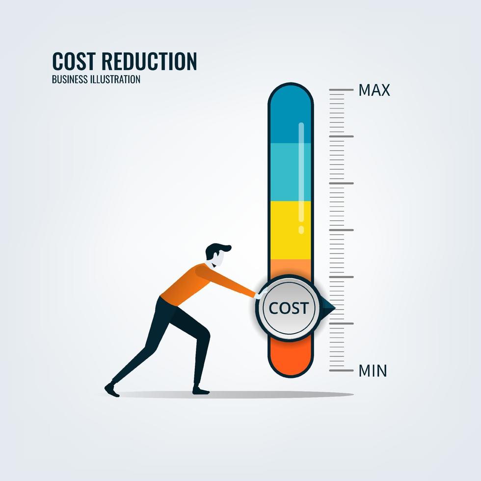 zakenman draaien kosten wijzerplaat naar een lage afbeelding. kostenreductie, kostenbesparing en efficiëntieconcept vector