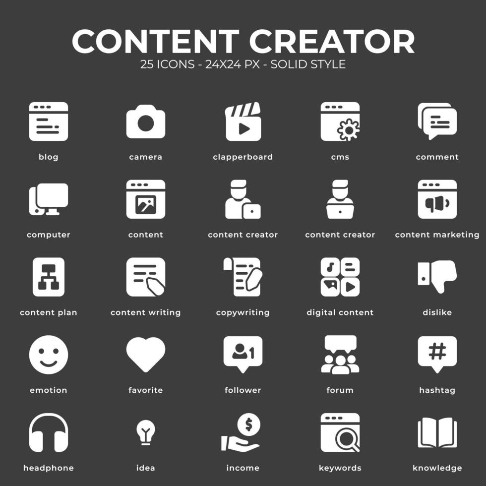 content creator icon pack met zwarte kleur vector