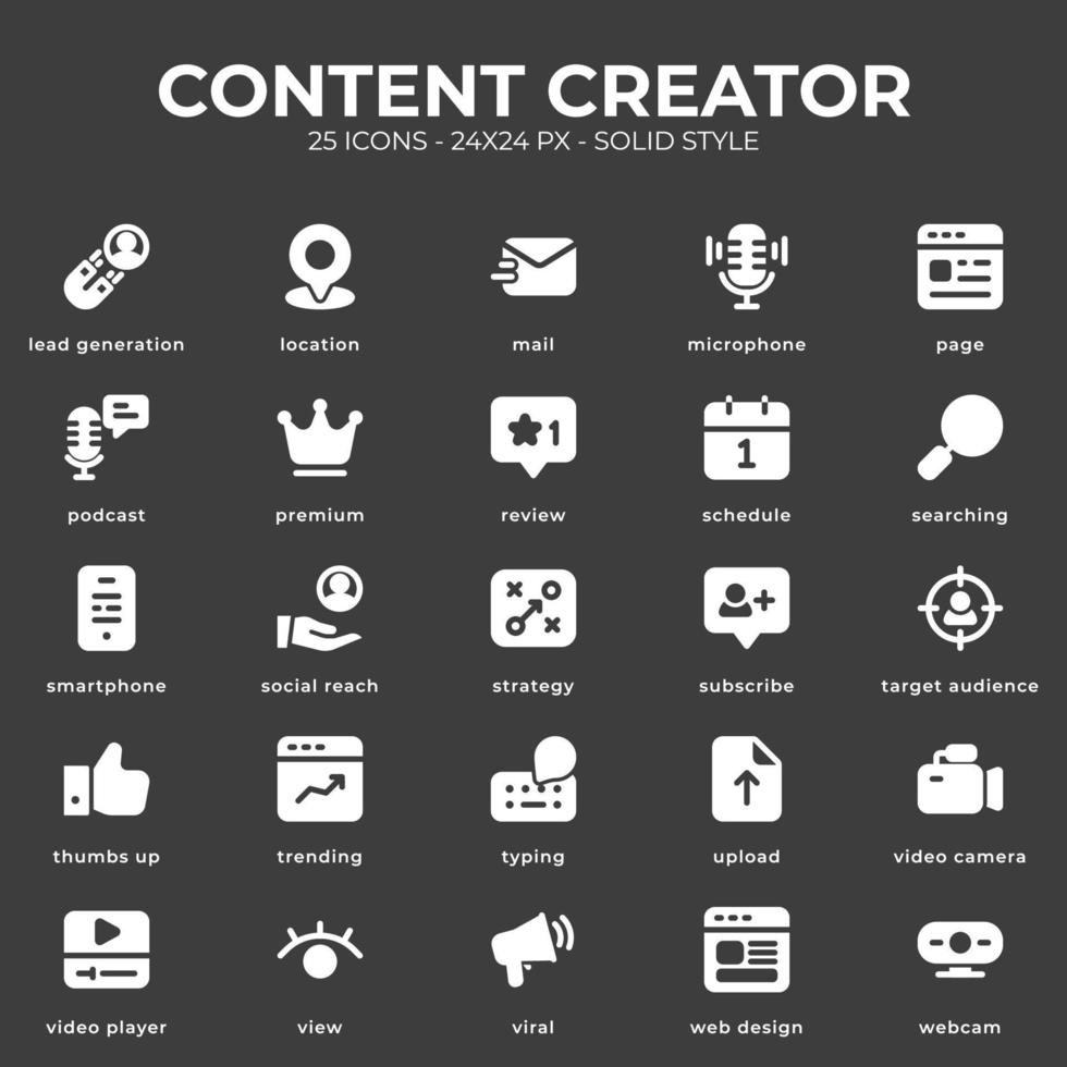 content creator icon pack met zwarte kleur vector