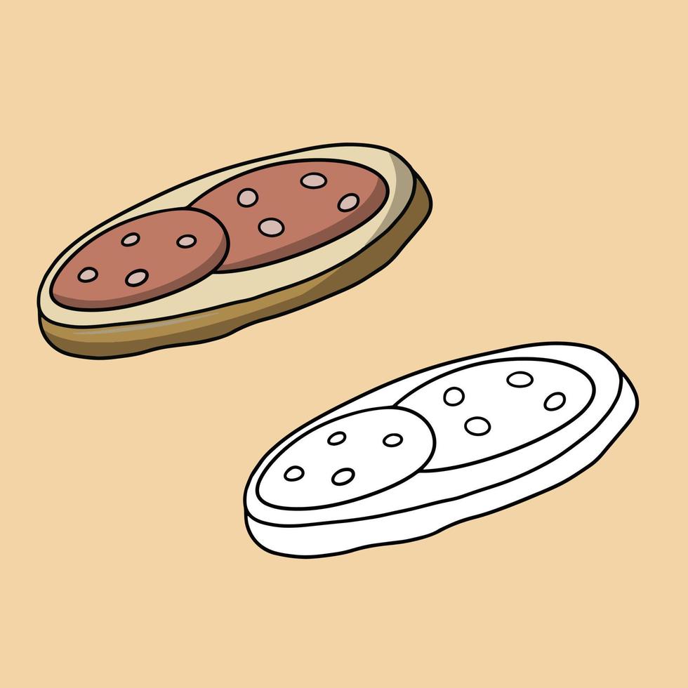 een reeks foto's, een eenvoudige heerlijke worstsandwich, een schoolontbijt, een snack, een vectorillustratie in cartoonstijl op een gekleurde achtergrond vector