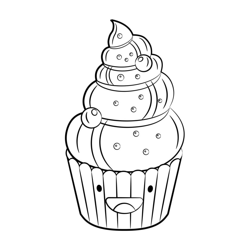 Kaderstijl schattig cupcake vector pictogram geïsoleerd op een witte achtergrond. tekenfilmsticker. kawaii lachende voedsel illustratie. platte cartoon Kaderstijl. kleurplaat.