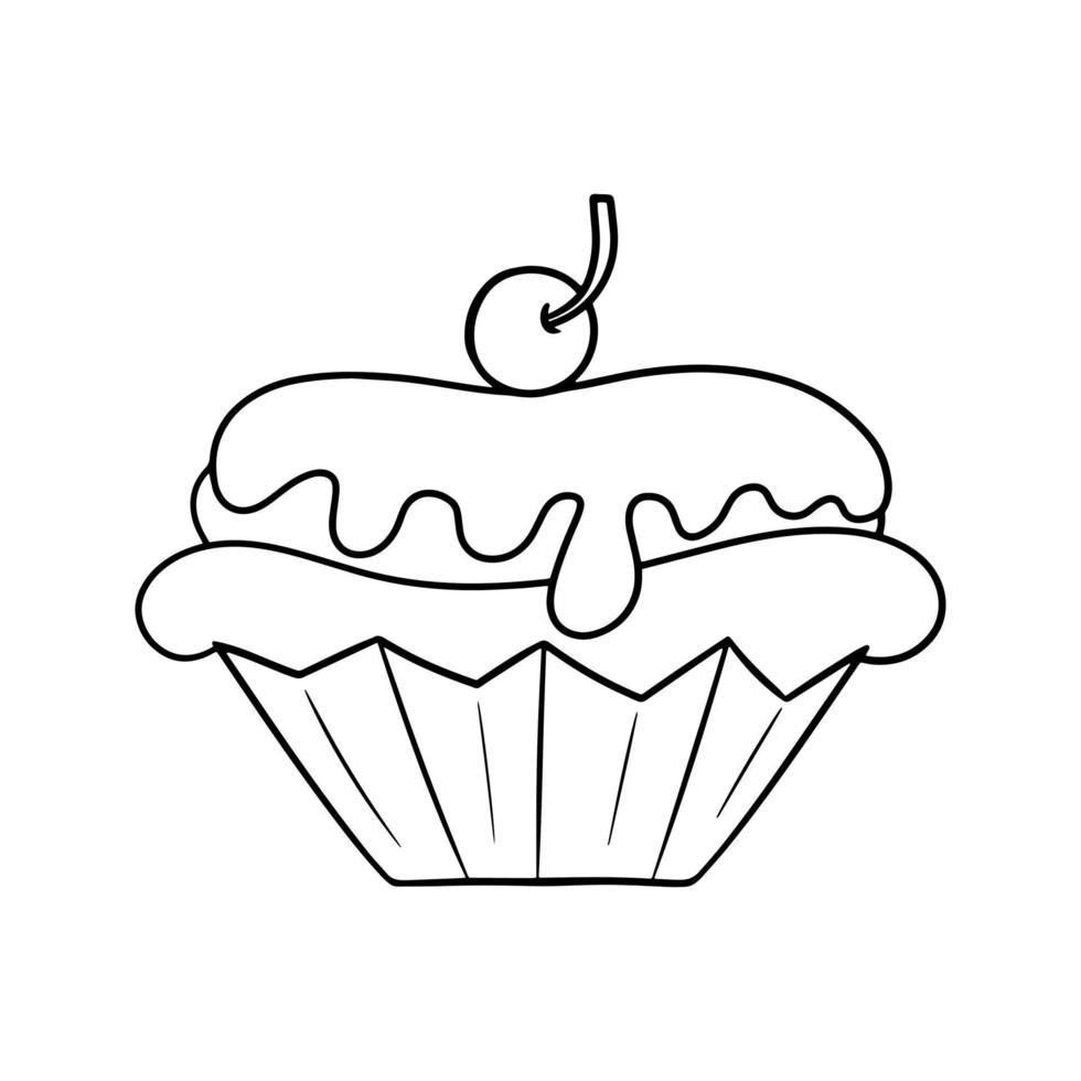 zwart-wit afbeelding, heerlijke cupcake met delicate chocoladeroom en kersenbes, vectorillustratie in cartoonstijl op een witte achtergrond vector