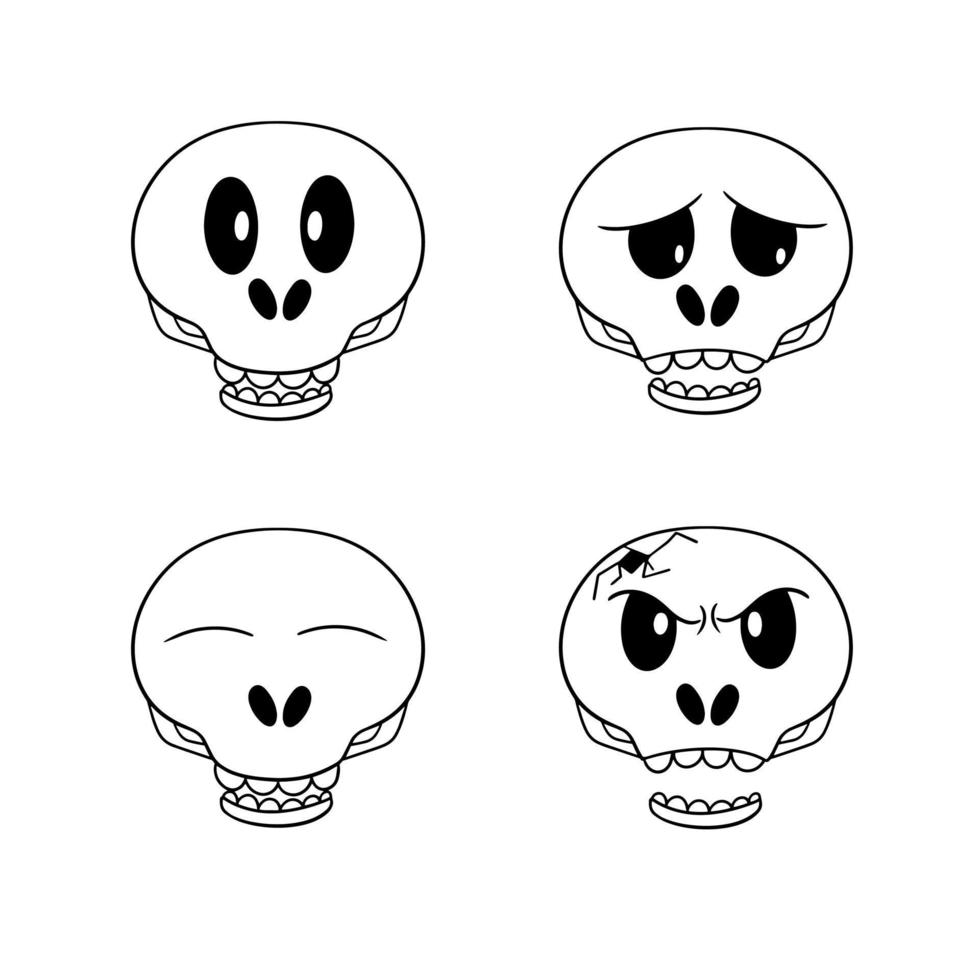 zwart-wit afbeelding, verzameling pictogrammen voor de vakantie, grappige schattige schedels, vectorillustratie in cartoon-stijl op een witte achtergrond vector