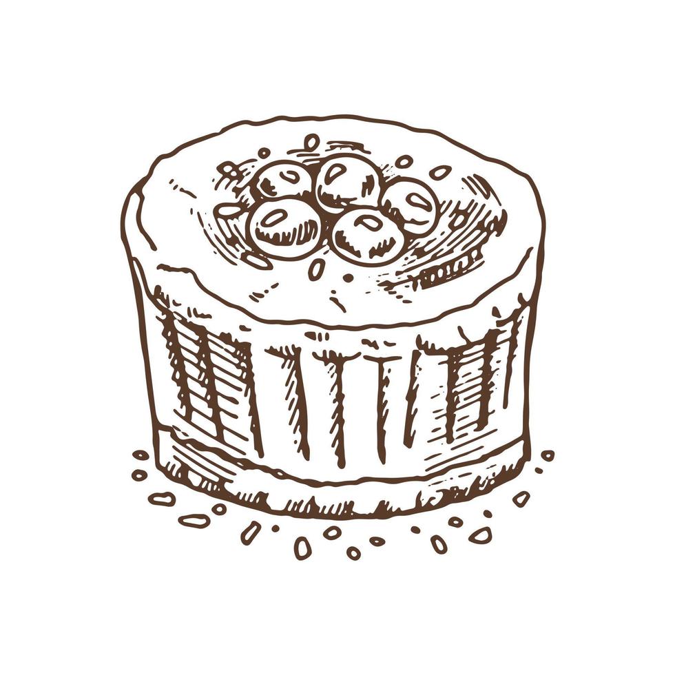 lekker romig zoet dessert. vintage zwart-wit vectorillustratie. hand getrokken schets van heerlijke cake met bosbessen. ontwerp gastronomie productelement. vector