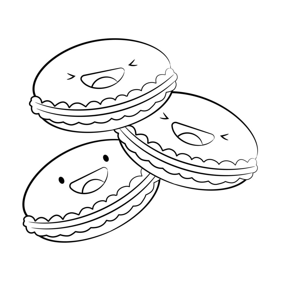 Kaderstijl schattig macarons vector pictogram geïsoleerd op een witte achtergrond. tekenfilmsticker. kawaii lachende voedsel illustratie. platte cartoon Kaderstijl. kleurplaat.