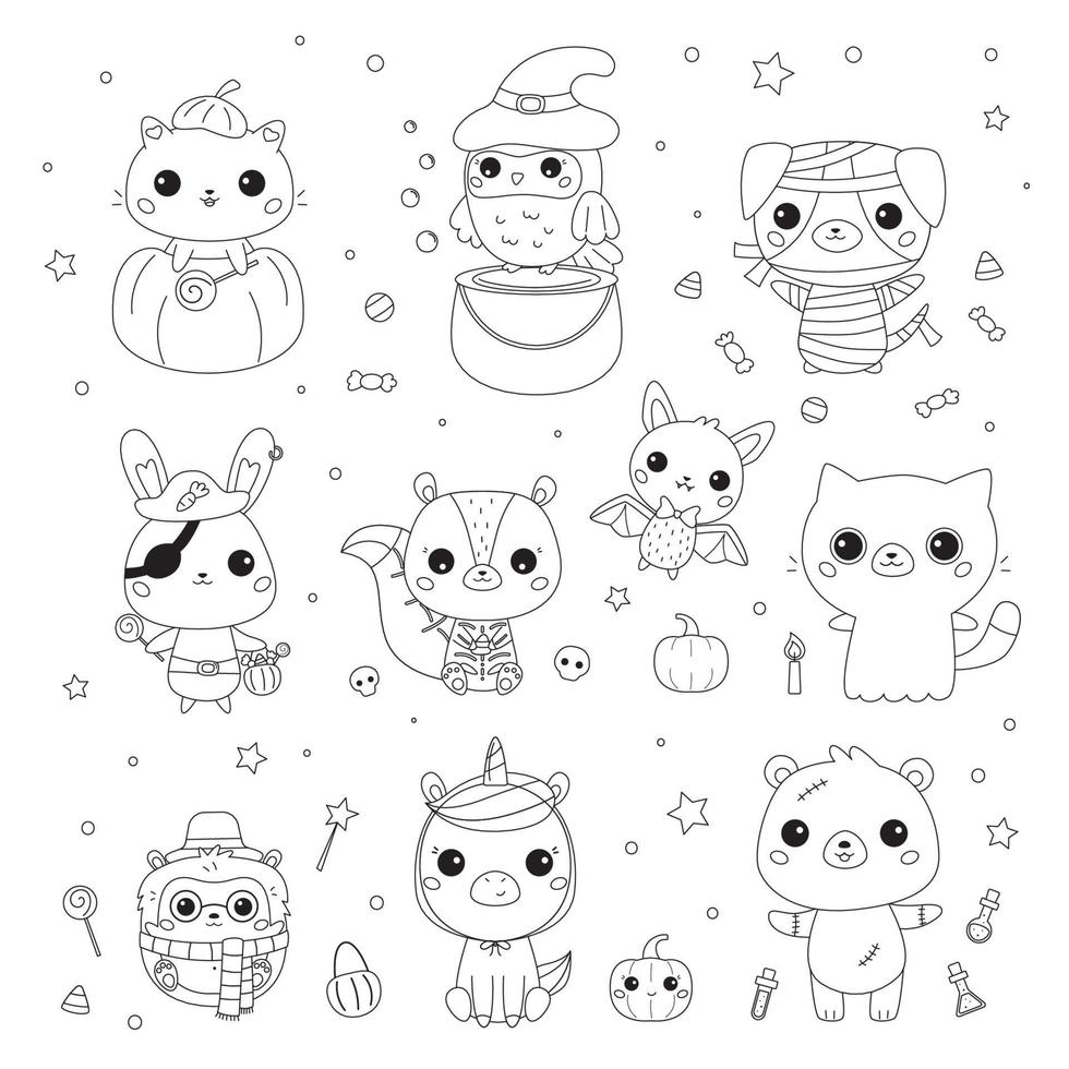 vector set dieren in halloween kostuums. kleurplaat voor kleuters. schattige kawaii stripfiguren. zwart-wit afbeelding.