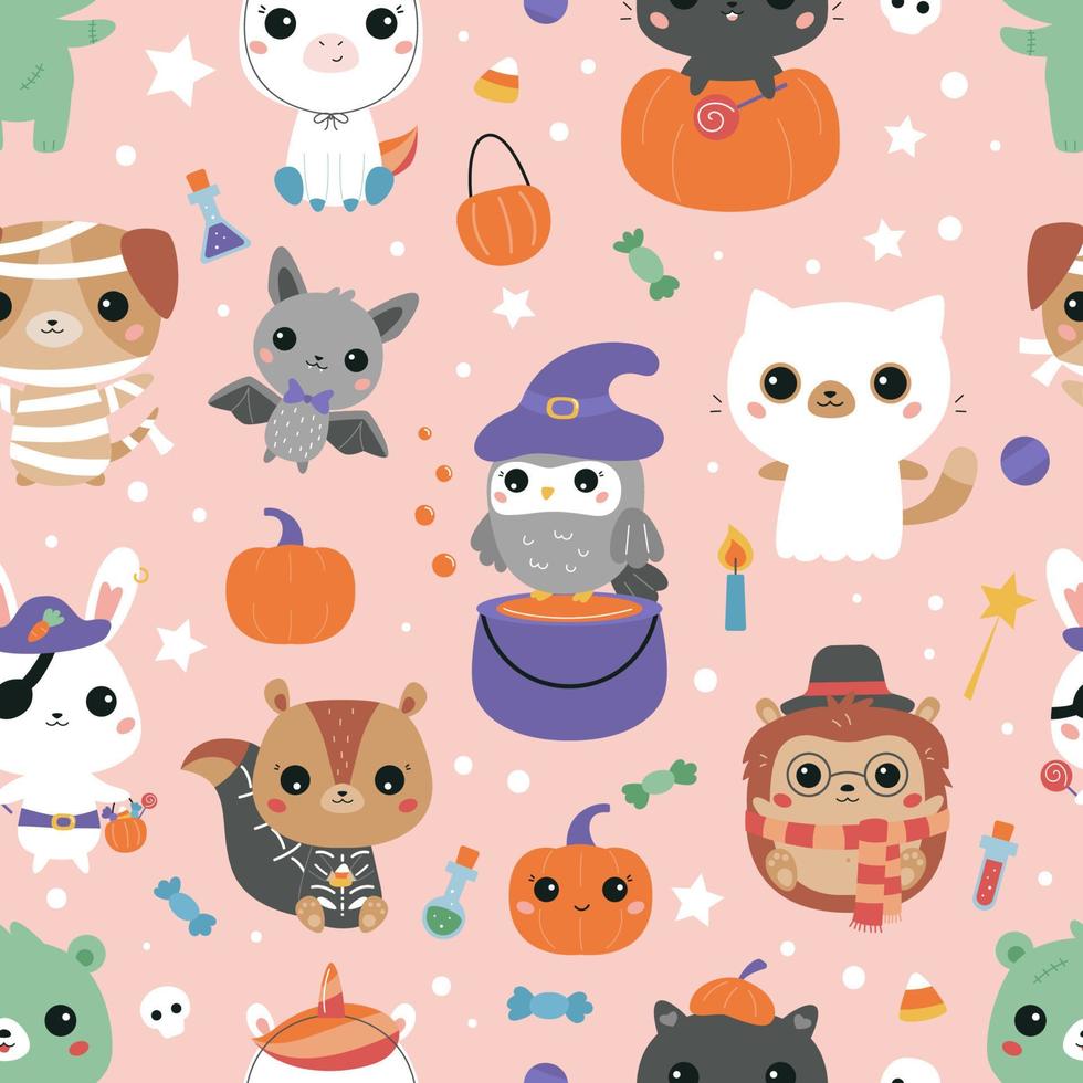 Halloween naadloos patroon met schattige kawaii dieren in kostuums. grappige stripfiguren - egel, beer, konijn, kat, hond, uil, eekhoorn, pony en vleermuis. vectorillustratie. vector