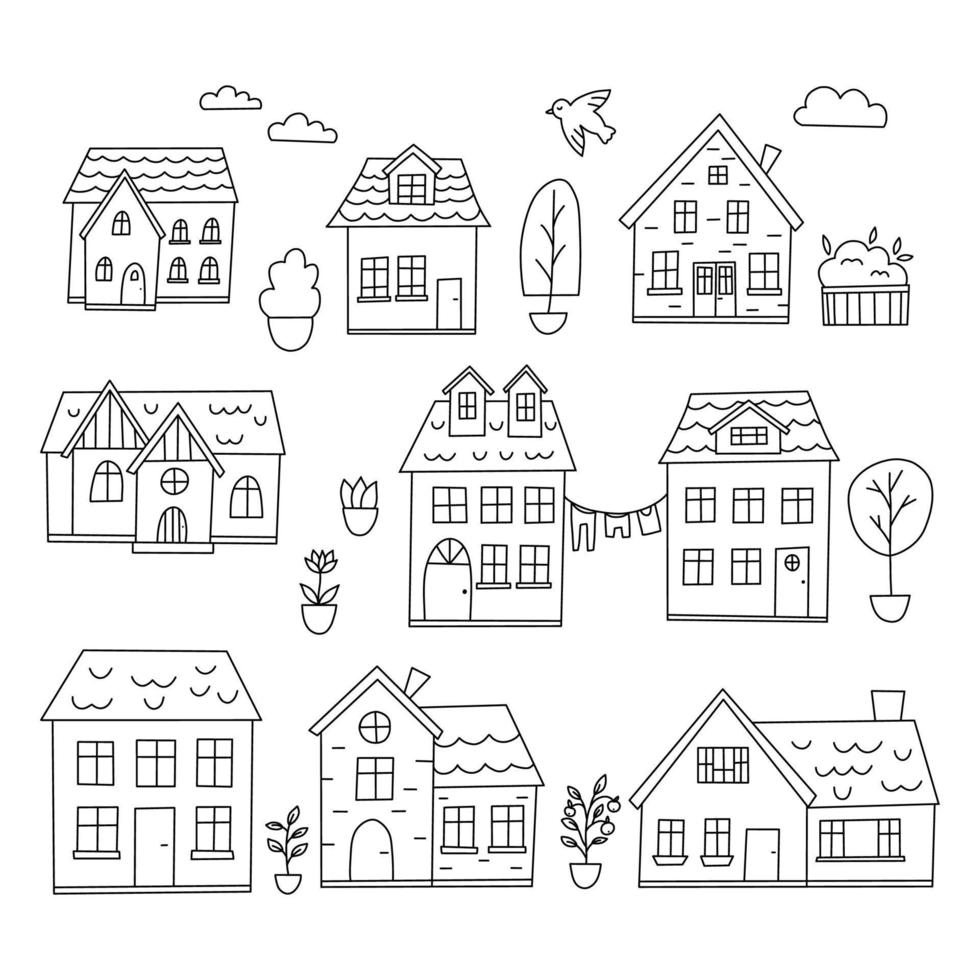 vector set doodle huizen. cartoon stijl illustratie. kleine stad met bomen, bloemen en vogels. zwart-wit lijntekeningen.