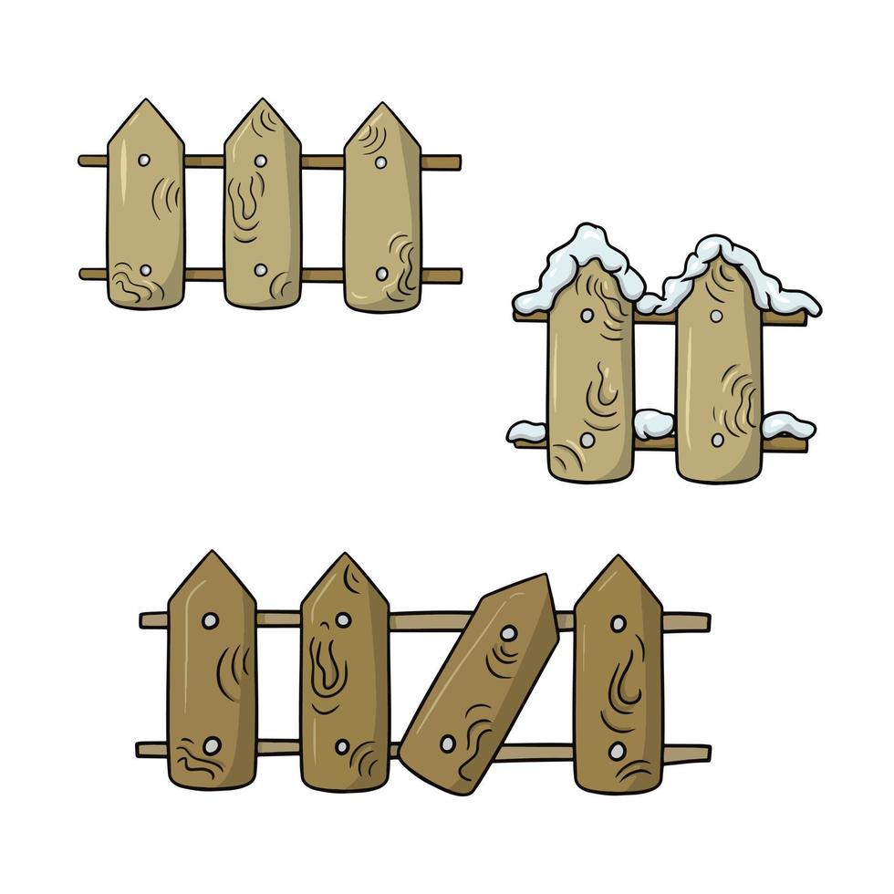 set van pictogrammen, houten bruin hek, hek met een gebroken deel, vectorillustratie in cartoon-stijl op een witte achtergrond vector