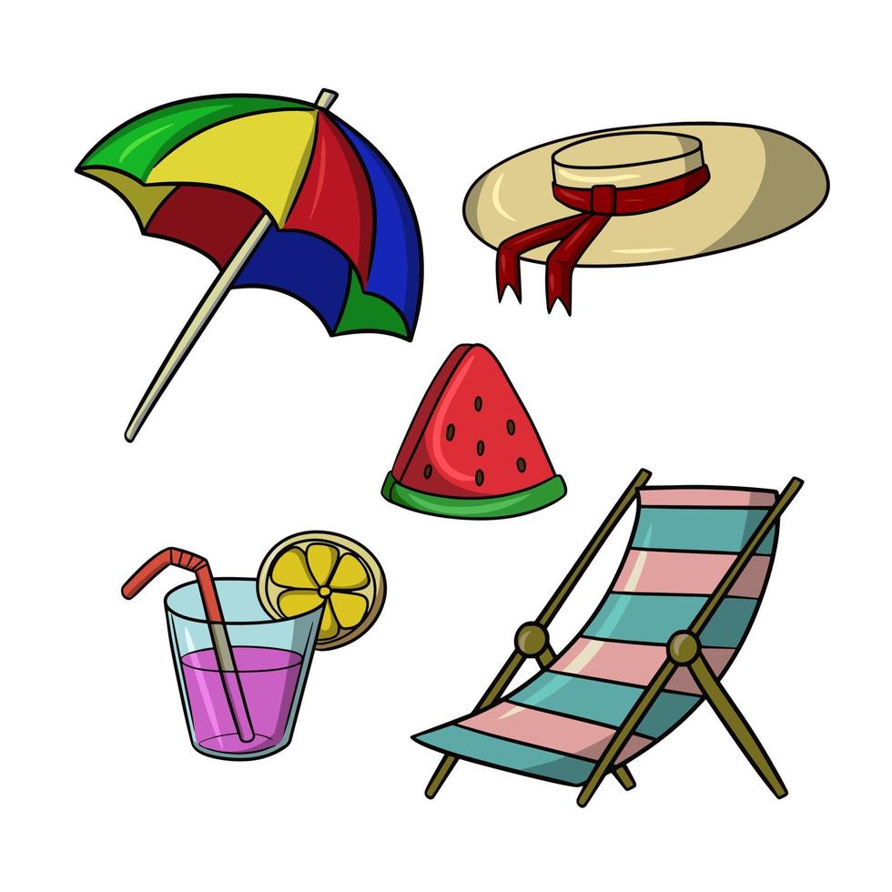 set van pictogrammen, toeristische vakantie op het strand, vectorillustratie in cartoon-stijl op een witte achtergrond vector