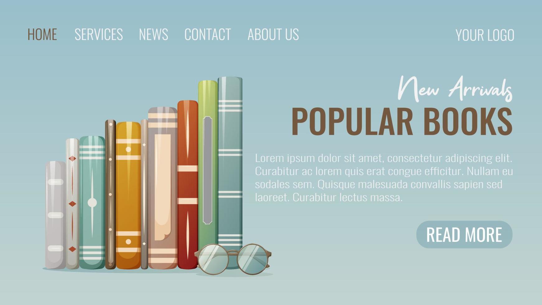 stapel boeken met een bril, website-interfacesjabloon. vectorillustratie voor een boekhandel. lezen, nieuwe informatie leren. voor studenten, scholieren, literatuurliefhebbers vector