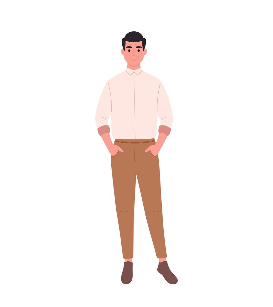 moderne volwassen man in casual of kantooroutfit. stijlvolle modieuze uitstraling. kantoormedewerker of leraar vector