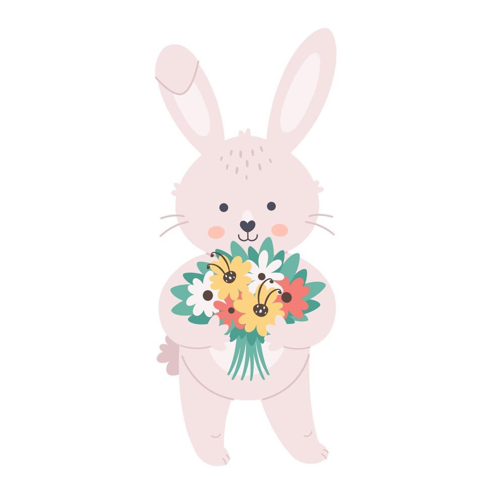 schattig wit konijntje met boeket bloemen. hallo lente, lentetijd, lentebloemen. konijn karakter met bloemen vector