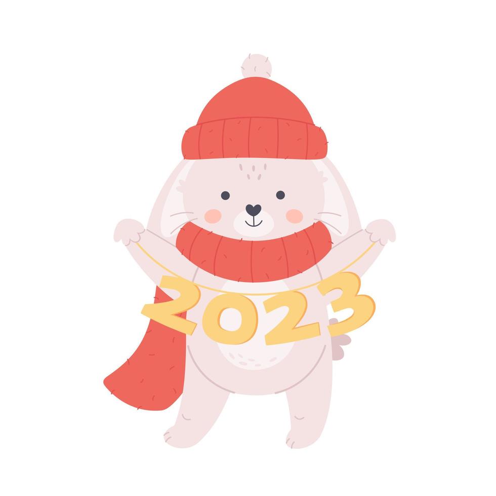 schattig wit konijntje in sjaal en muts wenst een gelukkig nieuwjaar 2023. jaar van het konijn. kerstvakantie vector