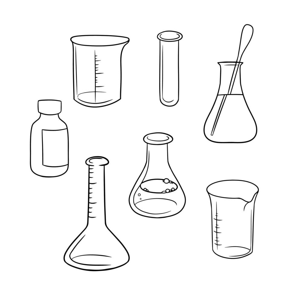 zwart-wit reeks pictogrammen, diverse lege glaskolven en met een oplossing voor experimenten, vectorbeeldverhaalillustratie op een witte achtergrond vector