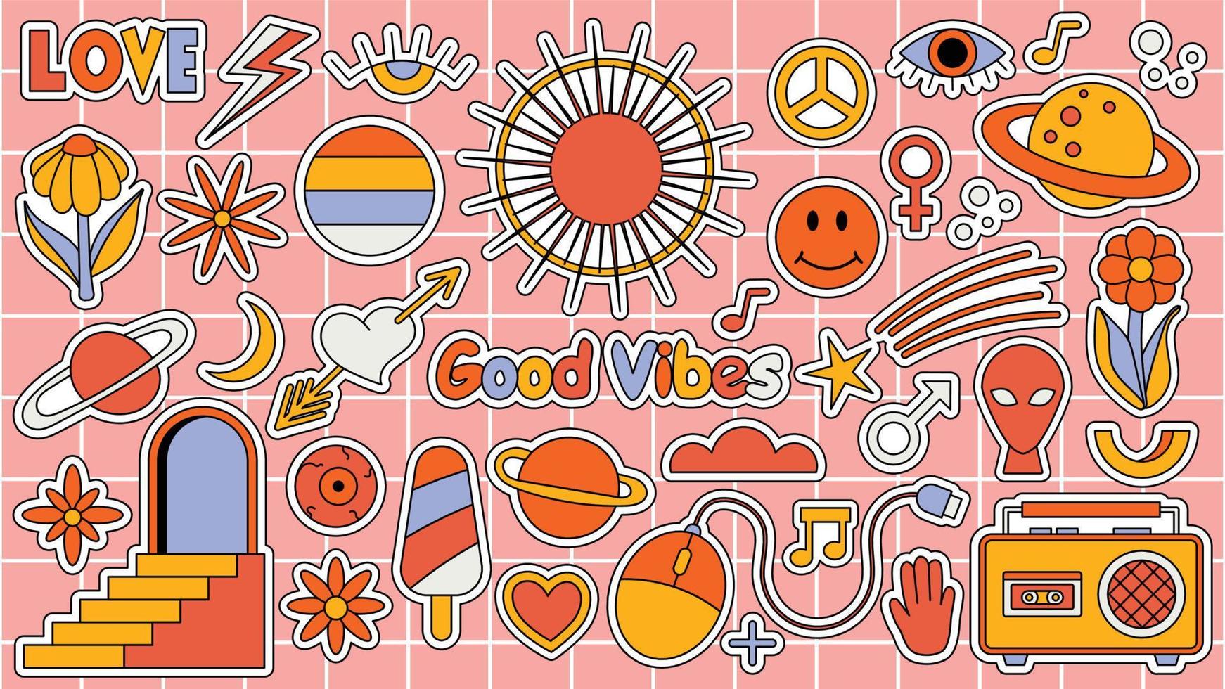 set hipster retro coole psychedelische elementen. collectie stickers van groovy cliparts uit de jaren 70 en 60. collage met trendy popvibe met funky designelement. abstracte achtergrond van cartoonsticker vector