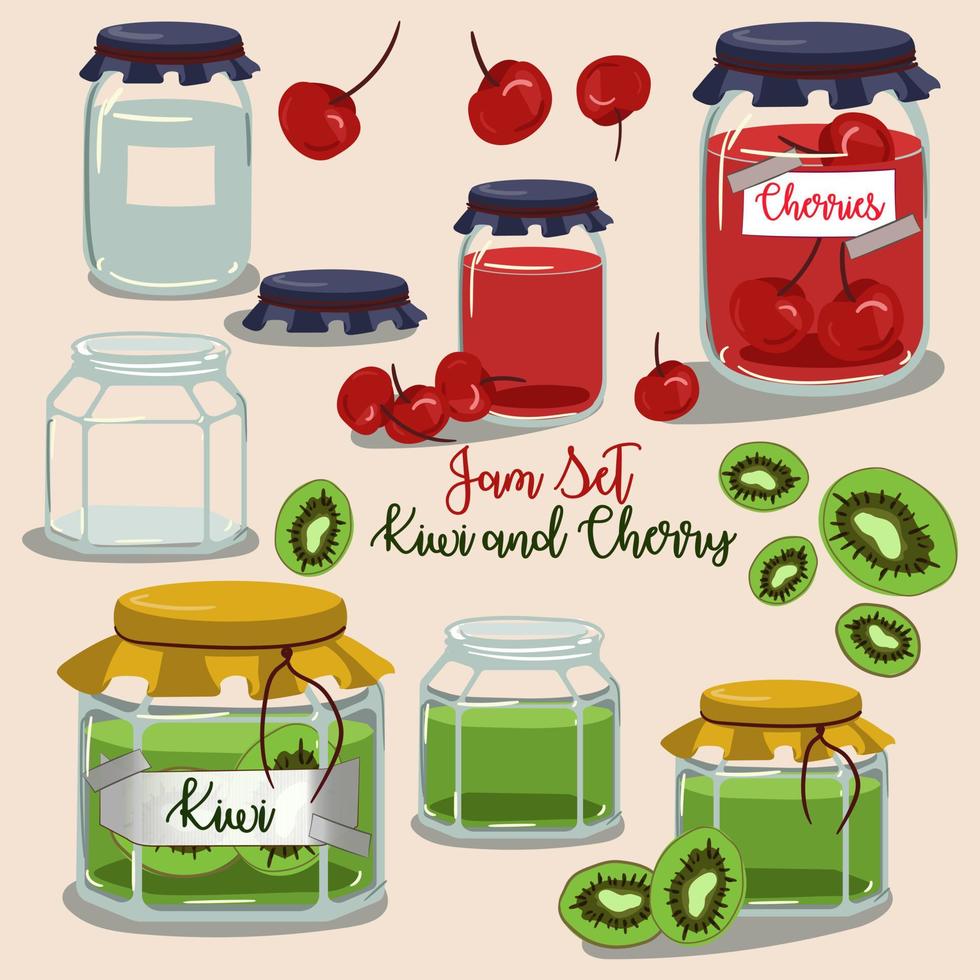 een set fruitjam in glazen potten in cartoonstijl. kiwi en kers met fruitelementen. gebruikt voor kinderillustratie, keuken, voedselillustratie. vector