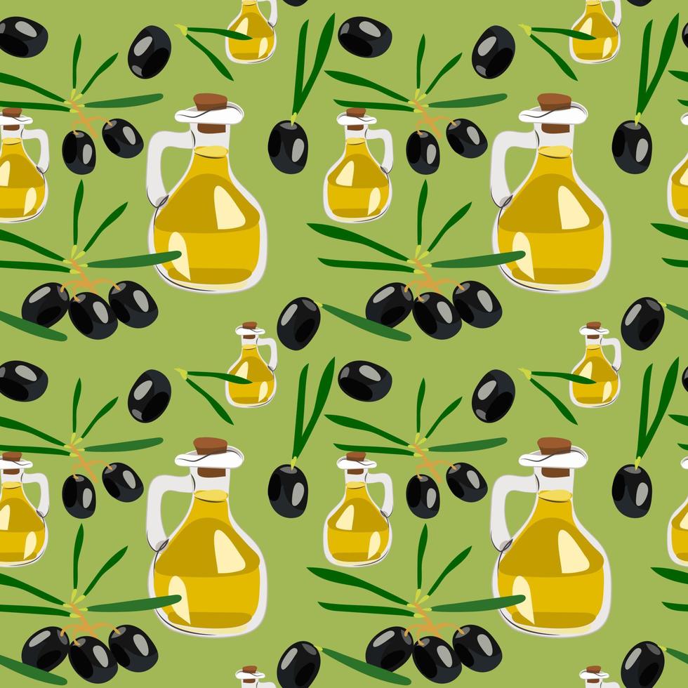 naadloos vectorpatroon met olijftakken en een fles olie. behangpatroon, mooie verpakking, keukenprint. vector